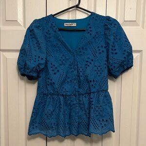 Grace Karin Blue Eyelet Women Top small